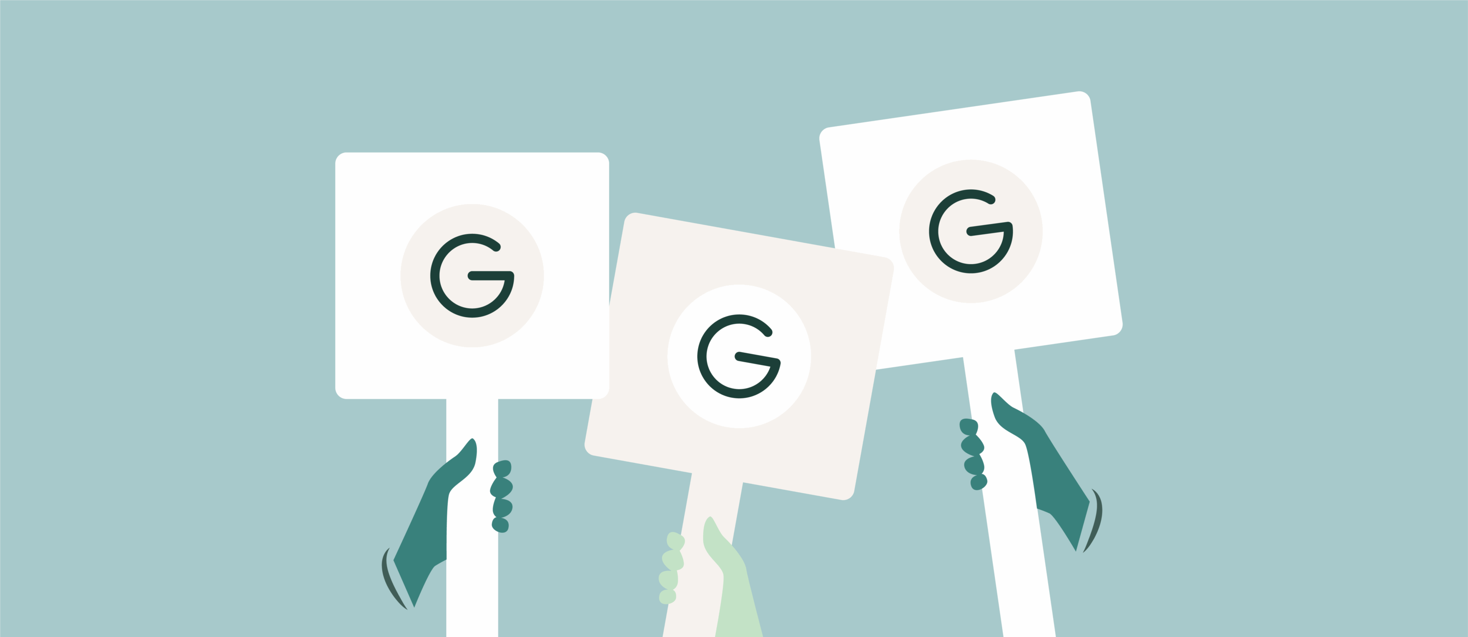 three illustrated hands holding three different bidding paddles all marked with the G Google logo