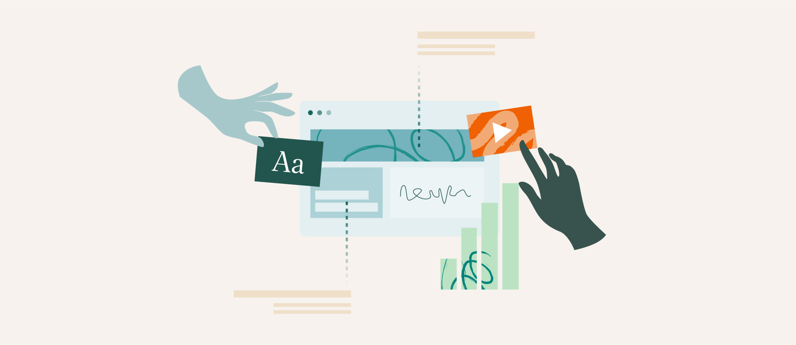 Two hands select different types of content and graphic elements, e.g. a graph, a video with a play button, a piece of text.